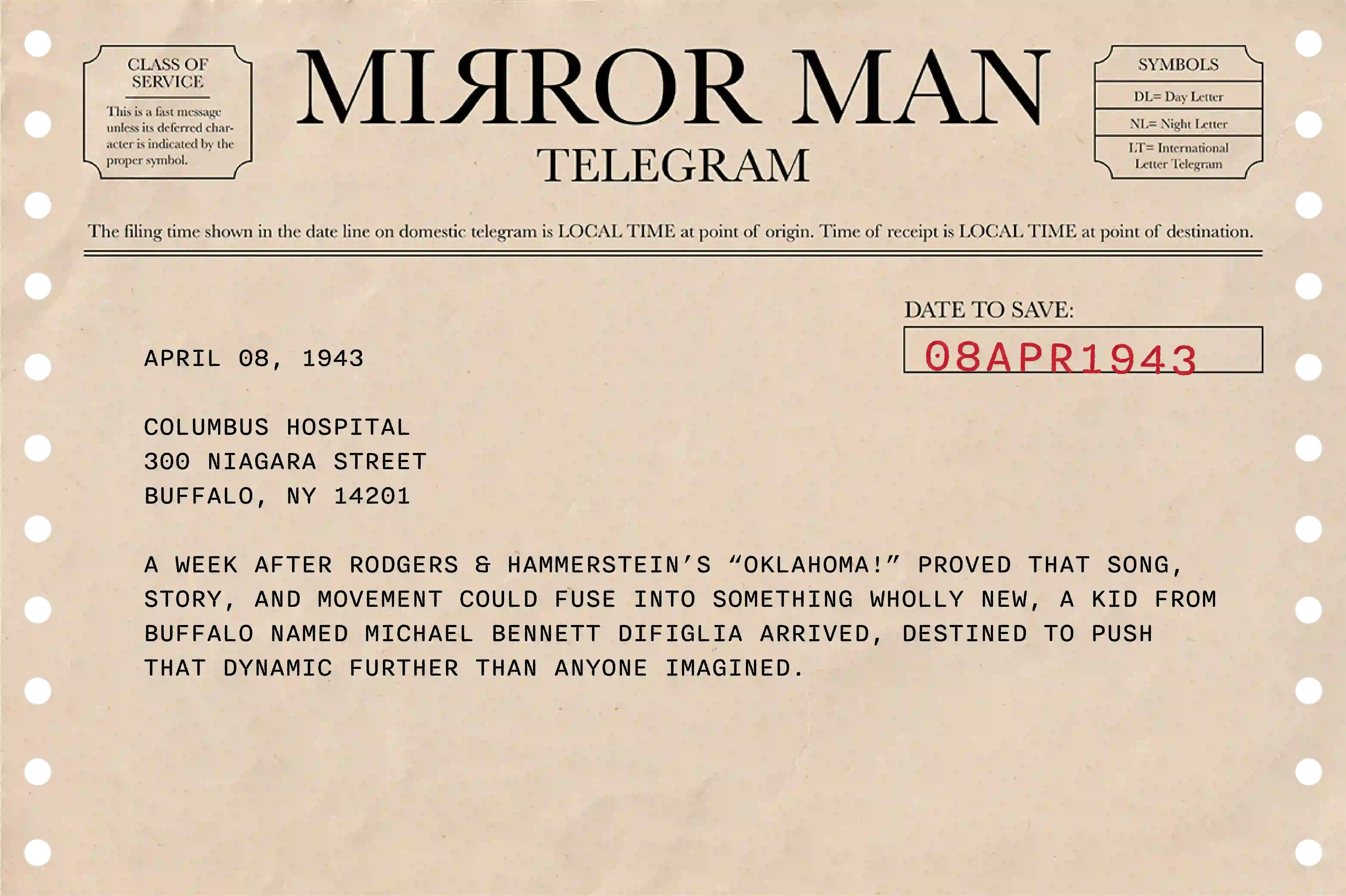 Michael Bennett telegram, 1940s