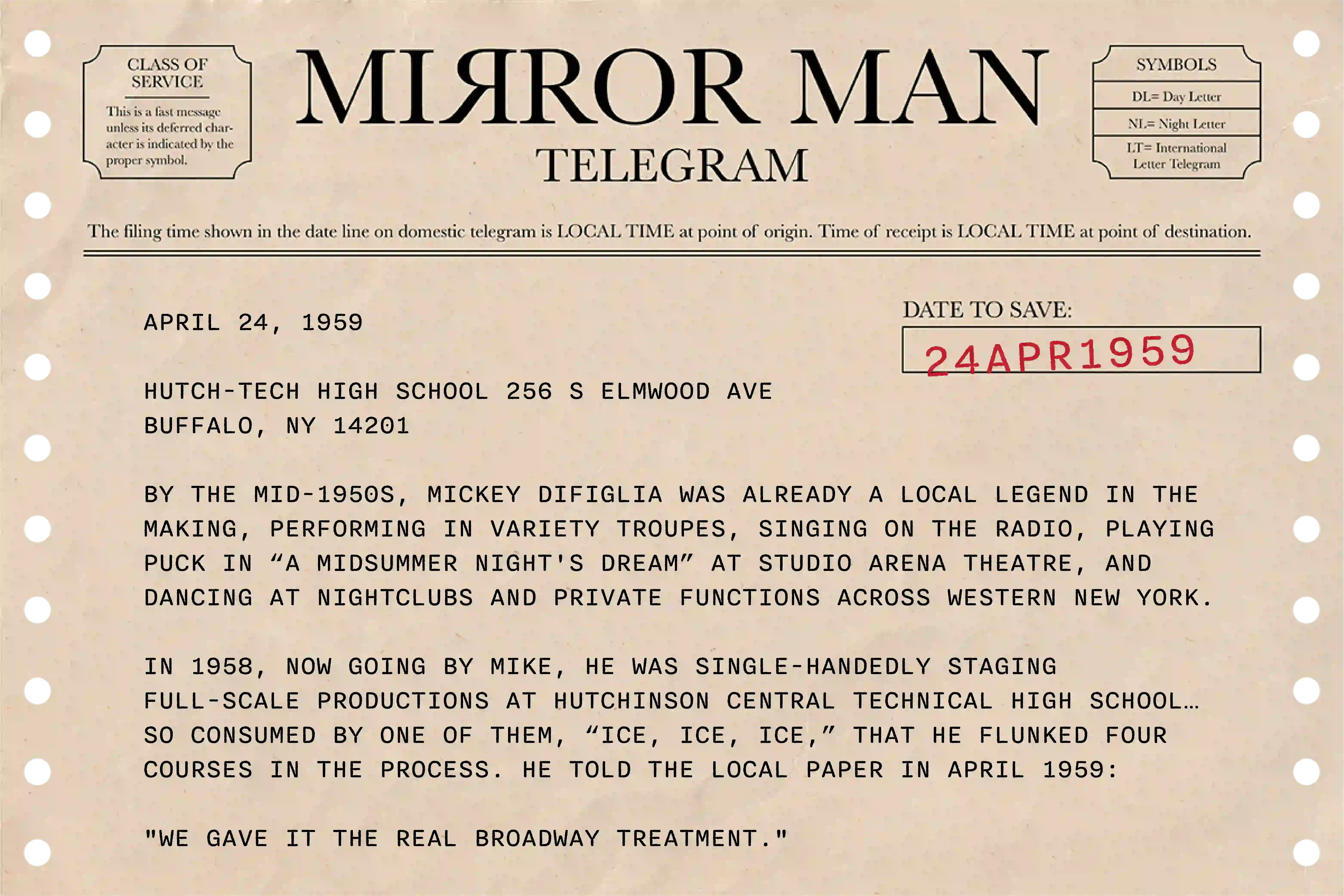 Michael Bennett telegram, 1950s