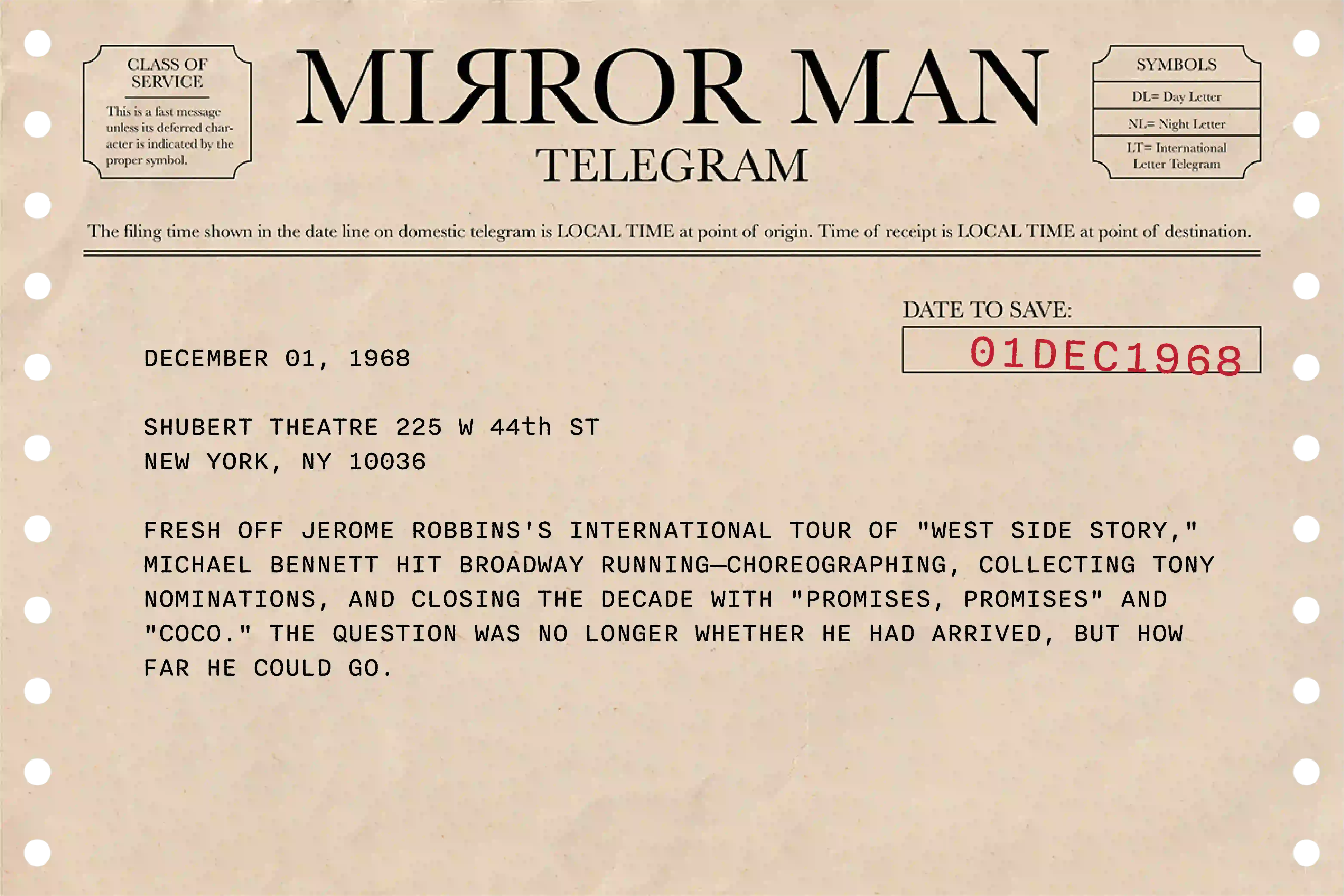 Michael Bennett telegram, 1960s