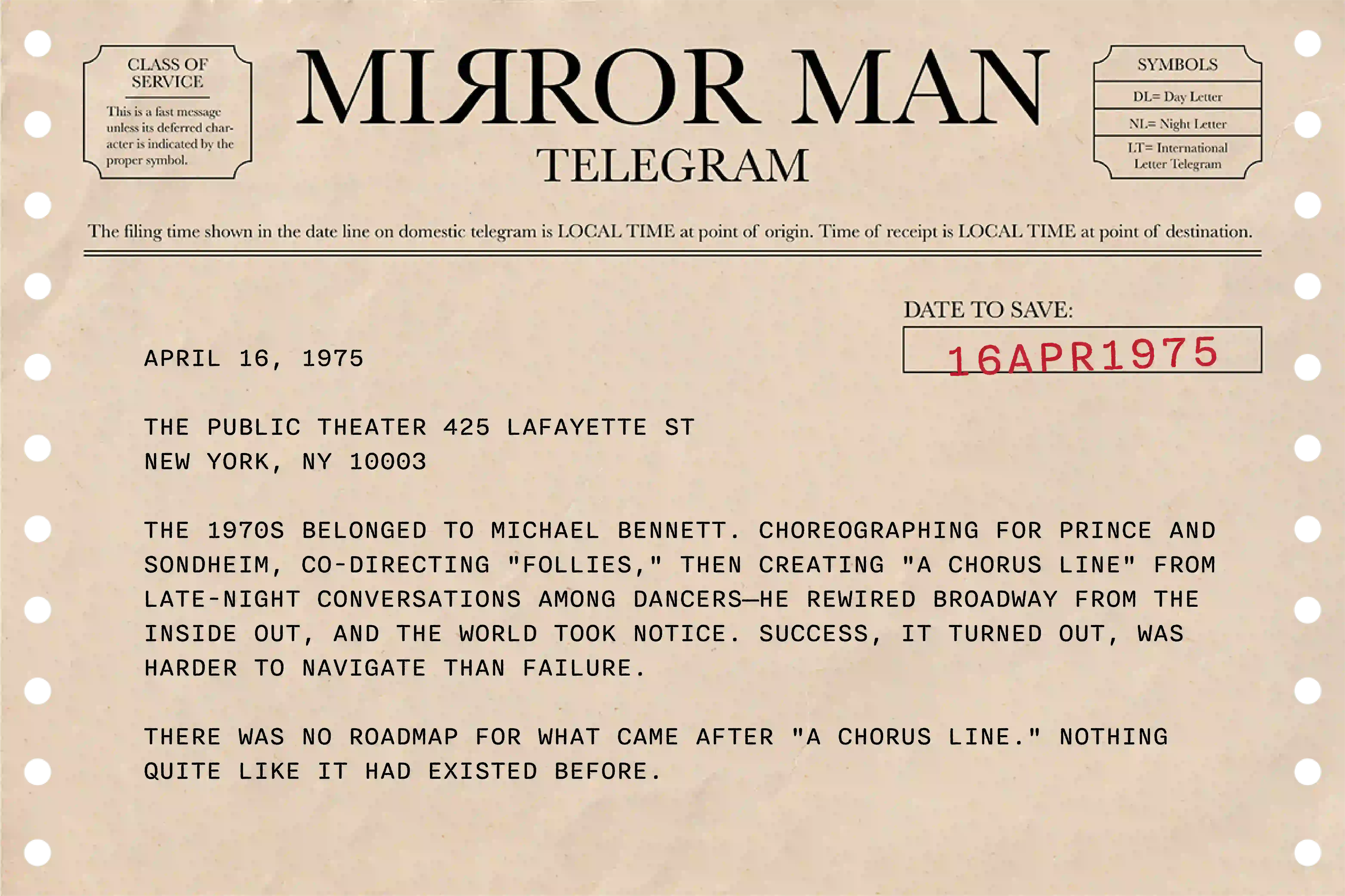 Michael Bennett telegram, 1970s