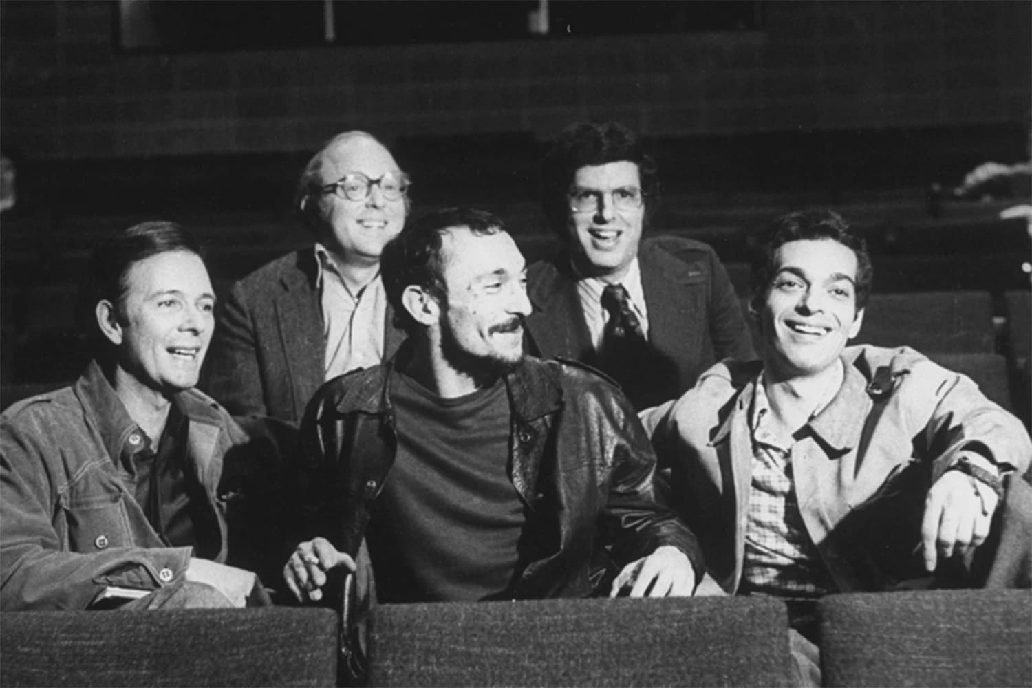 "A CHORUS LINE" CREATIVE TEAM, 1975. L-R: JAMES KIRKWOOD, JR., ED KLEBAN, MICHAEL BENNETT, MARVIN HAMLISCH, NICHOLAS DANTE. MARTHA SWOPE, BILLY ROSE THEATRE DIVISION, NEW YORK PUBLIC LIBRARY.