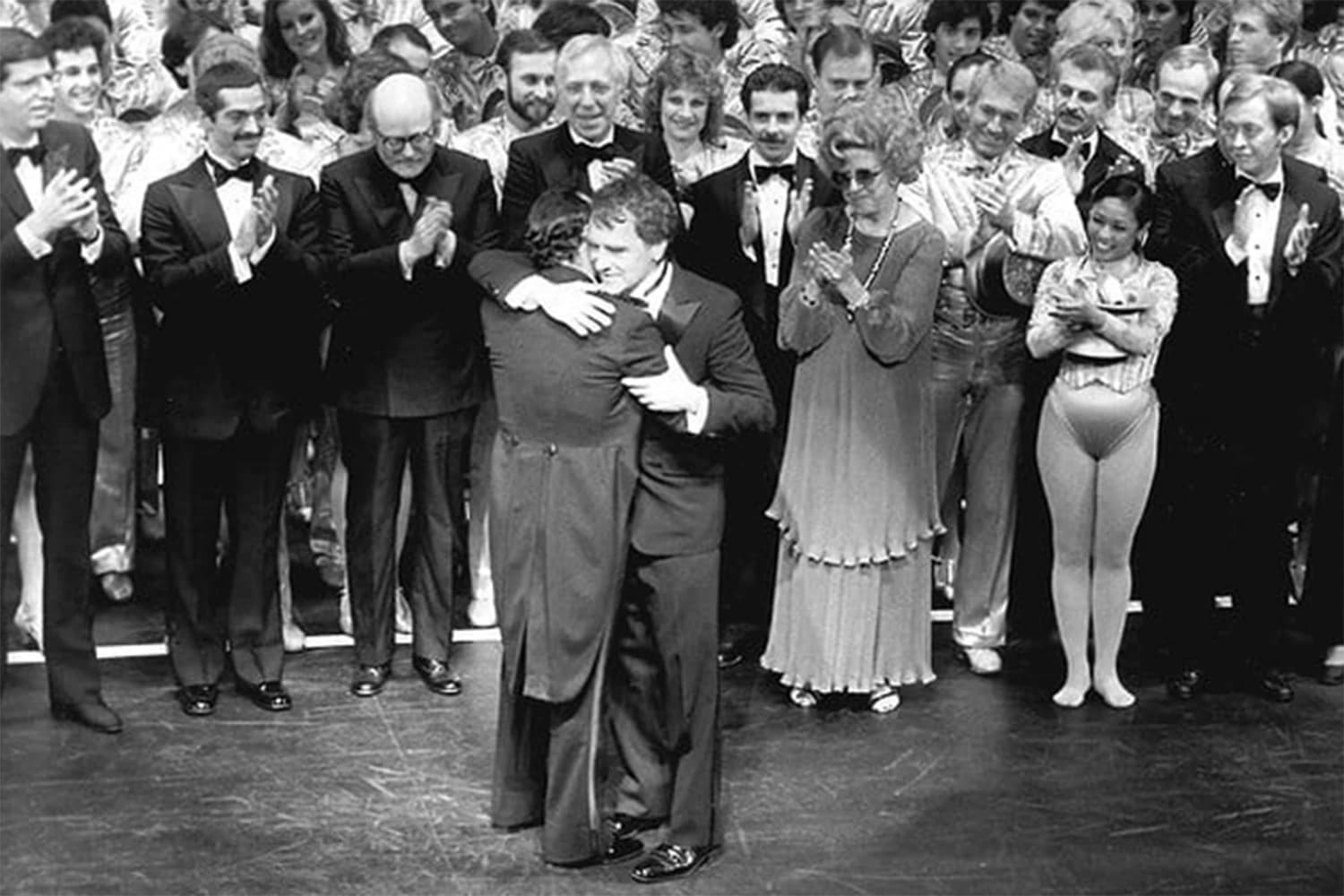 SEPTEMBER 29, 1983. THE NIGHT "A CHORUS LINE" BECAME BROADWAY'S LONGEST-RUNNING SHOW. JOE PAPP AND MICHAEL BENNETT, CENTER STAGE. MARTHA SWOPE, BILLY ROSE THEATRE DIVISION, NEW YORK PUBLIC LIBRARY.