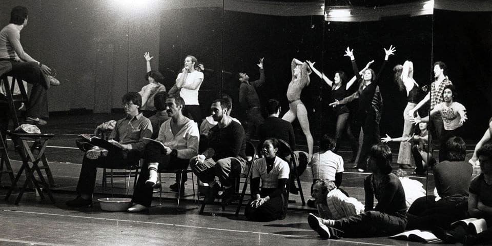 JEFF HAMLIN, BOB AVIAN, MICHAEL BENNETT, AND BAAYORK LEE REHEARSE THREE COMPANIES OF "A CHORUS LINE.” NEW YORK CITY CENTER BASEMENT, SPRING 1976. PHOTO BY HERBERT MIGDOLL.